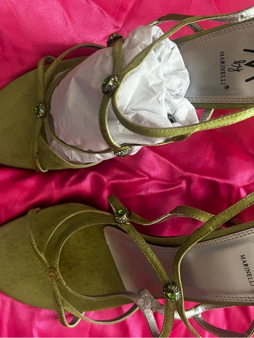 Marinelli Olive Strappy Jeweled Heeled Sandals